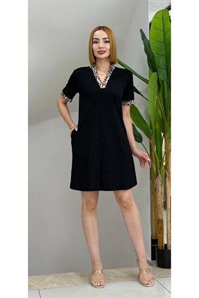 Wear Up Rochie modală de damă cu mâneci scurte, cu decolteu în V, cu model le...