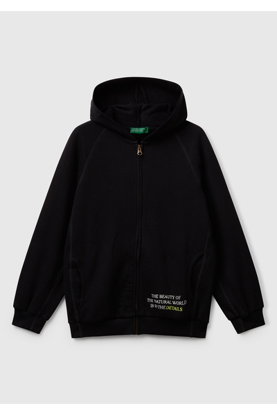United Colors of Benetton Boy's Black Sweatshirt with Printed Front and Back and Zippered Side Pockets