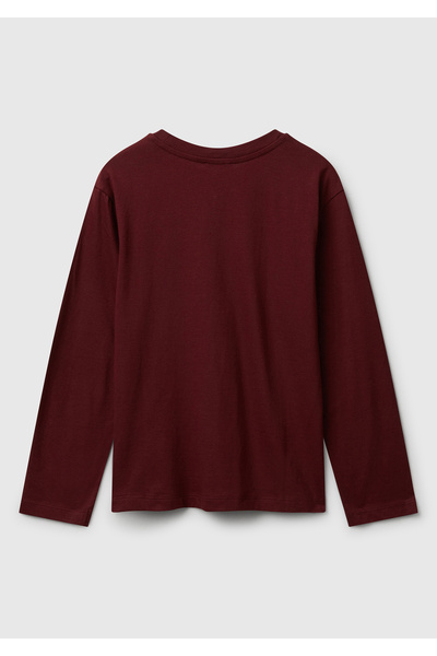 United Colors of Benetton Boy's Burgundy Crew Neck Jersey Long Sleeve T-Shirt with Logo Print on the Front