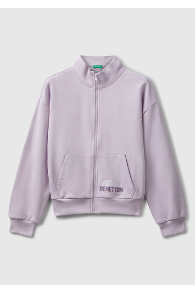 United Colors of Benetton Girl's Lilac Front Logo Embroidered Zippered Stand Collar Sweatshirt with Pockets