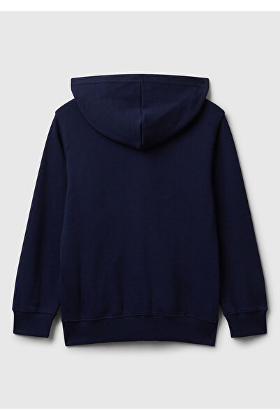 United Colors of Benetton Boy's Navy Blue Zippered Hooded Sweatshirt with Logo Detail on the Front