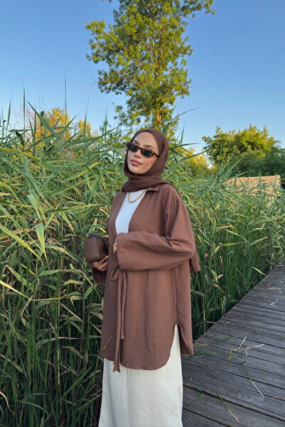Bipantolon Kadın Acı Kahve Bağlama Detaylı Flam Keten Kimono