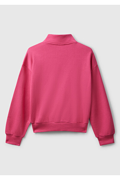 United Colors of Benetton Girl's Pink Front Logo Embroidered Zippered Stand Collar Sweatshirt with Pockets