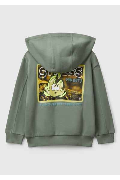 United Colors of Benetton Boy's Khaki Printed Zippered Hooded Relaxed Fit Sweatshirt