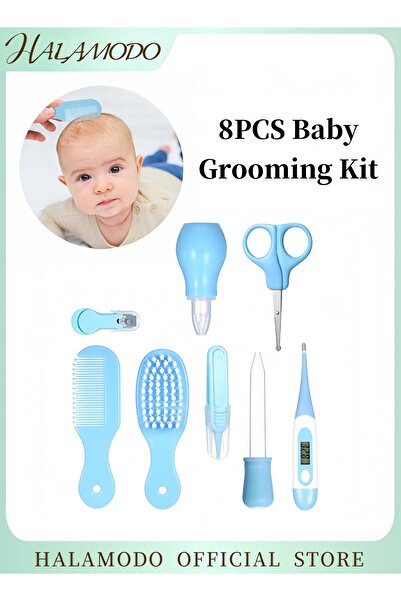 HALAMODO مجموعة العناية بالطفل من 8 قطع للعناية بسلامة الطفل مع فرشاة شعر ومشط ومقص ومشبك أظافر
