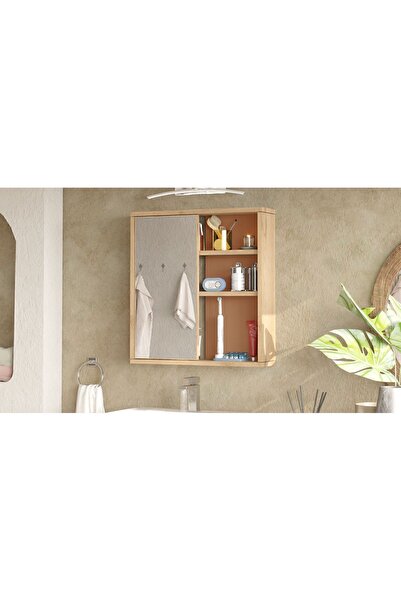 Yurupa Marble Aynalı Lavabo Üstü Banyo Dolabı Raflı Kapaklı 60cm Sepet-Kiremit MAR1-SK