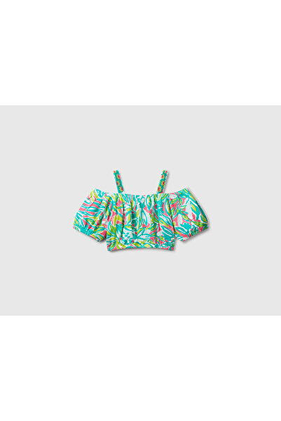 United Colors of Benetton Girl's Green 100% Viscose Patterned Off-The-Shoulder Crop Top