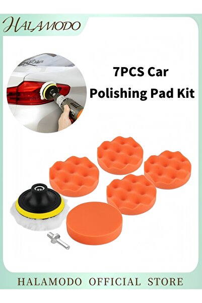 HALAMODO مجموعة وسادات تلميع إسفنجية مكونة من 7 قطع لتلميع السيارات، وسادات إسفنجية مموجة، ومجموعة أدوات تلميع وتلميع مع محول مثقاب
