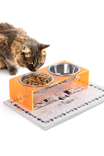 GOBYPET 2'li Turuncu Pleksi Dekoratif Kedi Ve Köpek Seramik Mama & Su Kabı Pa...