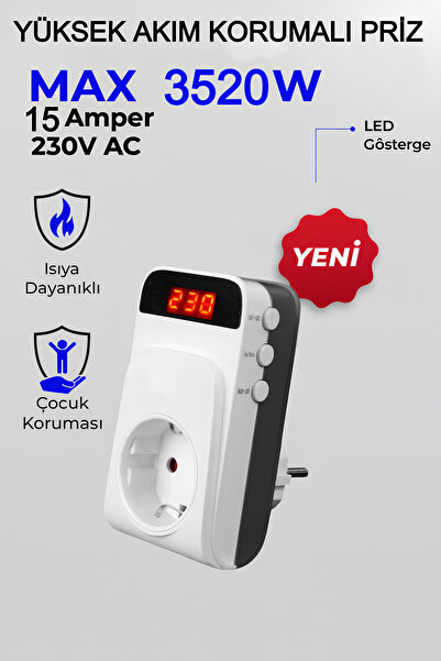 Ecuy Tekli Akım Korumalı Priz Dijital Ekranlı 15A 3520W Aşırı Gerilim Koruma CE Sertifikalı