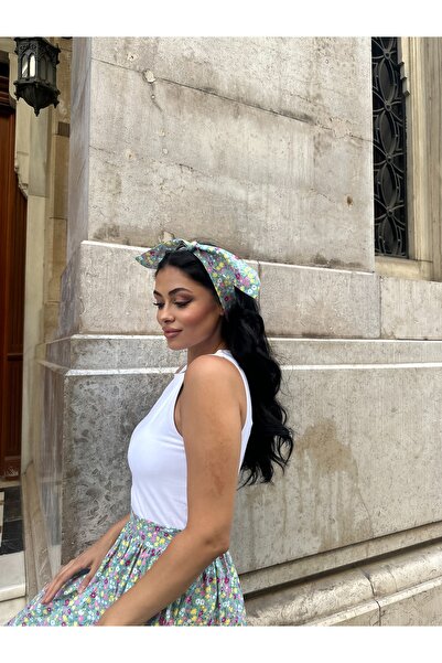 KÜÇÜĞÜM BUTİK Μέντα πράσινη φλοράλ μπαντάνα με λεπτομέρεια με κορδόνια