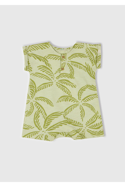 United Colors of Benetton Baby Green Fully Patterned Jumpsuit with Button Detail on the Front and Hidden Snap Fasteners
