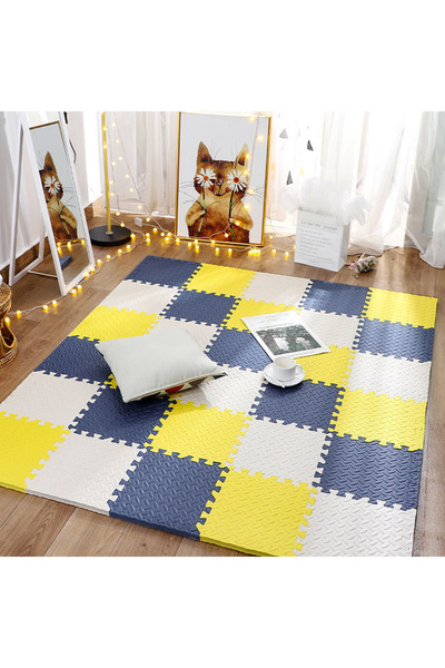 Choice سجادة لعب للأطفال من الفوم باللون الأبيض السماوي والأصفر، 12 قطعة، سجادة ألغاز متشابكة، بلاط تمارين للأطفال، سجاد أرضي