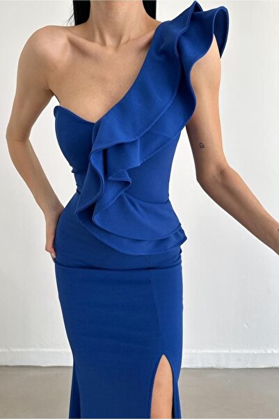 lovebox Довга вечірня сукня на одне плече Saks Синя довга вечірня сукня Saks Синя максі випускна сукня 024