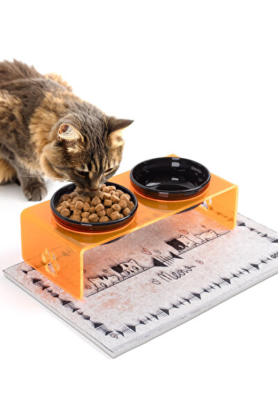 GOBYPET 2'li Turuncu Pleksi Dekoratif Kedi Ve Köpek Seramik Mama & Su Kabı Pa...