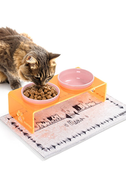 GOBYPET 2'li Turuncu Pleksi Dekoratif Kedi Ve Köpek Seramik Mama & Su Kabı Pa...