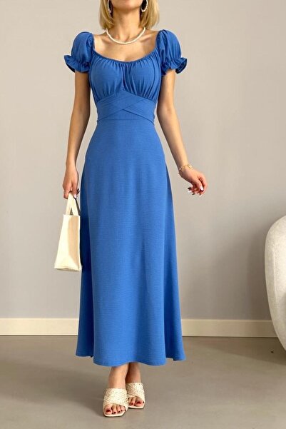 bayansepeti Rochie de damă Aerobin din țesătură cu decolteu în U, cu mâneci prințesă, lungime midi, albastră 582079