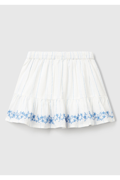 United Colors of Benetton Girls' White Striped Hem Embroidered Gathered Drawstring Skirt