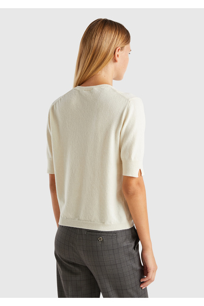 United Colors of Benetton Women's Cream 100% Merino Crew Neck Short Sleeve Sweater