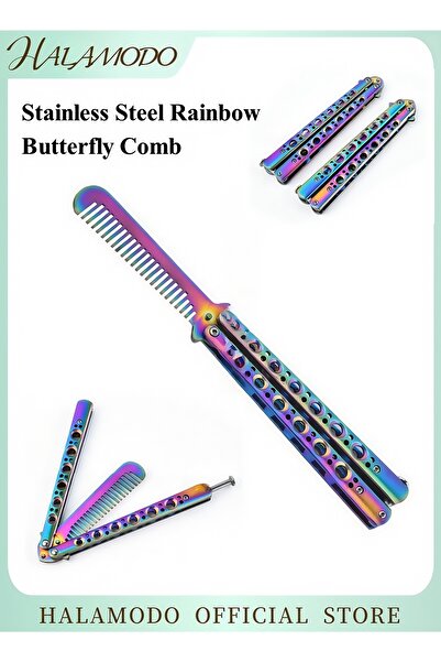HALAMODO أداة تدريب سكين مشط معدني على شكل فراشة وردي/أزرق/أسود 22.7 سم