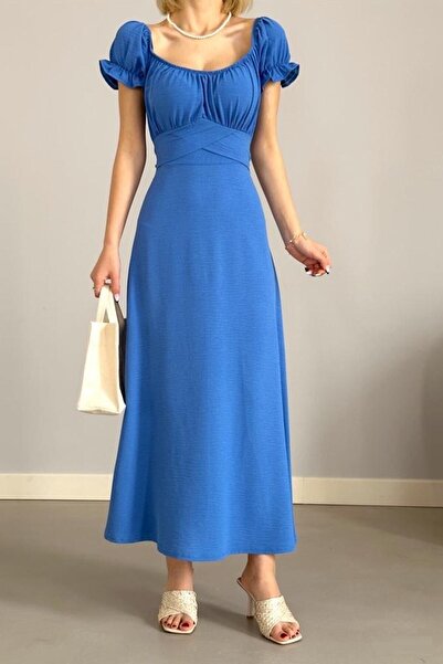 bayansepeti Rochie de damă Aerobin din țesătură cu decolteu în U, cu mâneci prințesă, lungime midi, albastră 582079