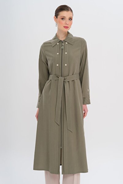 Olcay Unlined Modal Cap with Zipper Closure and Stitching Detail Khaki 6721