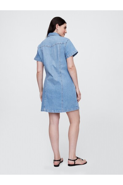 GAP Kadın Mavi Klasik Yaka Denim Mini Elbise