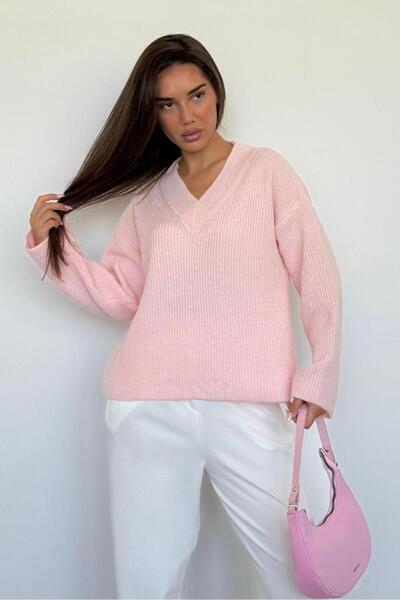 Madmext Pink V-Neck Knitwear Women's Sweater Mg2501