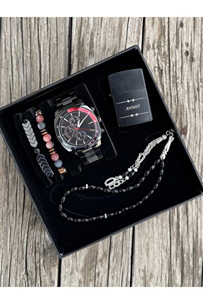 DEEPWELL Siyah Renk Erkek Kol Saati Tespih Bileklik Ve Çakmak Seti Rn06