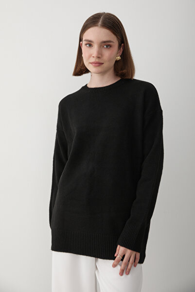 JASTE Kadın Siyah Bisiklet Yaka Oversize Triko Kazak