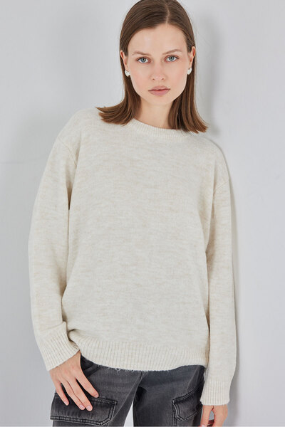 Bigdart 15895 Oversize Plain Cream Knitwear Sweater