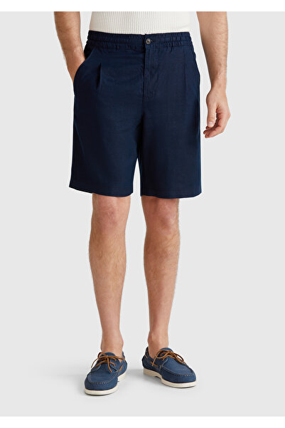United Colors of Benetton Men's Navy Blue 100% Linen Drawstring Buttoned Bermuda Shorts with Pleat Detail