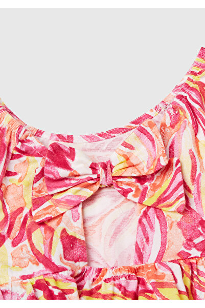United Colors of Benetton Κοριτσίστικο πορτοκαλί μοτίβο με φιόγκο μπροστά μανίκια και πλισέ φούστα