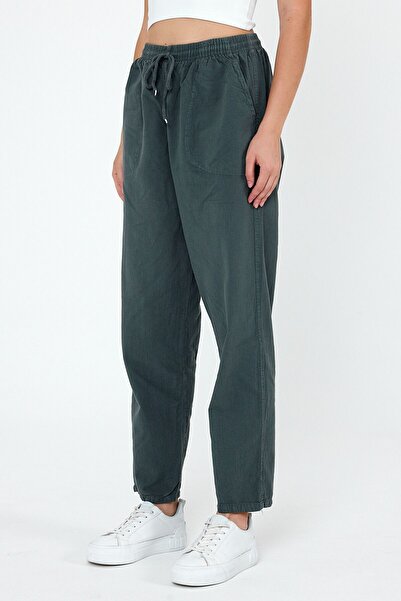 COMBİNE MİCHAİL Тъмнозелен ленен панталон с висока талия и еластична талия