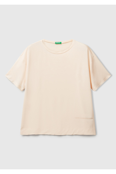 United Colors of Benetton Women's Ecru Logo Printed Crew Neck T-Shirt