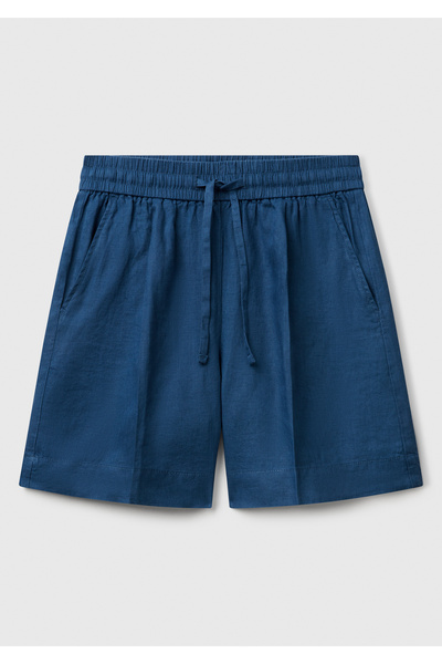 United Colors of Benetton Kadın Denim %100 Keten Büzgü İpli Cepli Bermuda Şort
