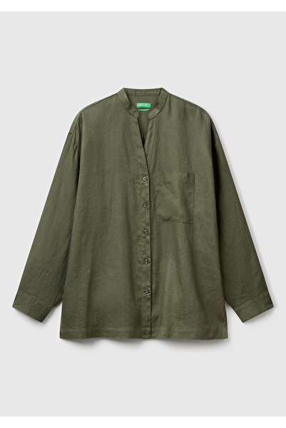 United Colors of Benetton Γυναικείο πουκάμισο μανταρίνι με γιακά χακί 100% λινό με αριστερή μπροστινή τσέπη