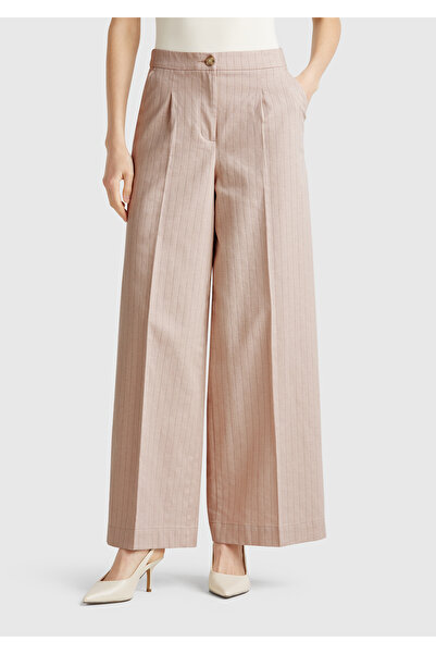 United Colors of Benetton Women's Beige Cotton and Linen Blend Palazzo Pants with Thin Stripes