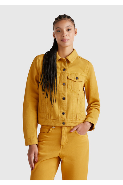 United Colors of Benetton Women's Yellow 100% Cotton Straight Fit Denim Jacket with Side Pockets