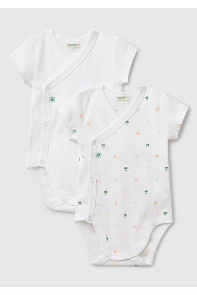 United Colors of Benetton Baby White Patterned Short Sleeve 2-Piece Bodysuit Set with Snap Fasteners