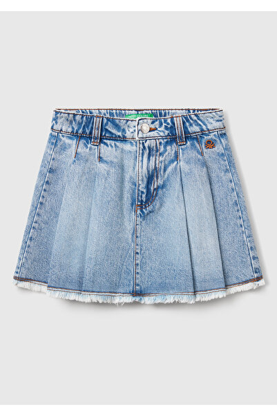 United Colors of Benetton Fusta din denim pliată pentru fete, în aer liber, cu logo-ul de spălare cu piatră