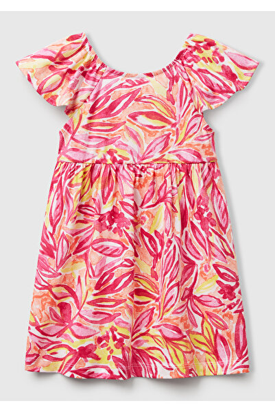 United Colors of Benetton Κοριτσίστικο πορτοκαλί μοτίβο με φιόγκο μπροστά μανίκια και πλισέ φούστα