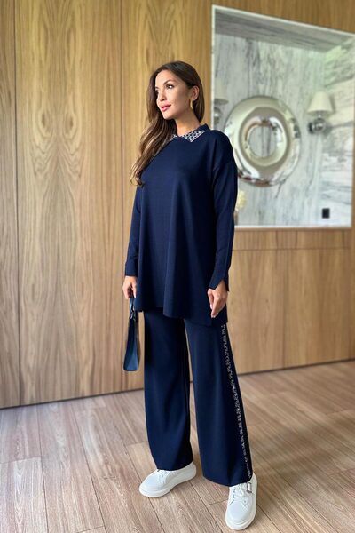 Ka Hijab Stone Detailed Mercerized Suit - Black