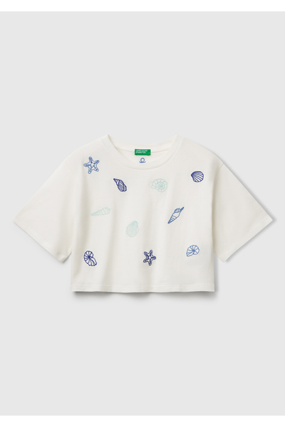 United Colors of Benetton Tricou alb pentru fete cu logo imprimat cu detaliu ...