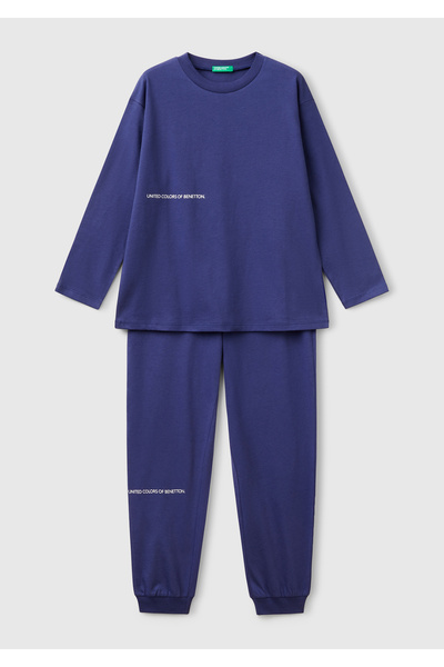 United Colors of Benetton Тениска с лого на райета в индиго цвят за момче - К...