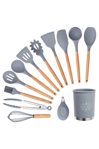 awwaline Set 13 ustensile de gătit din silicon, awwaline, mâner din bambus, gri