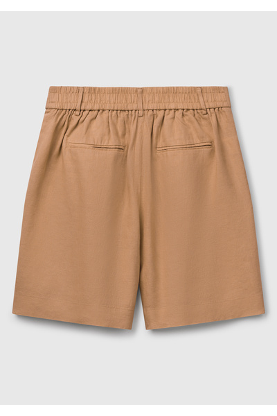 United Colors of Benetton Kadın Bej %100 Keten Arka Beli Lastikli Pileli Relax Fit Bermuda Şort