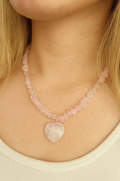 LOVELOTUS قلادة كريستال كوارتز وكوارتز وردي طبيعي مكسور على شكل قلب مصنوعة يد...