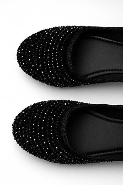 Nstil Günlük Siyah Kadın Babet Oval Burun Gümüş Taşlı Saten Ortopedik Hafif Ev Iş Ofis Ayakkabı 38