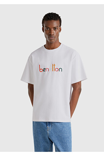 United Colors of Benetton Мъжка бяла тениска с бродирано лого отпред, голям размер, 100% памук